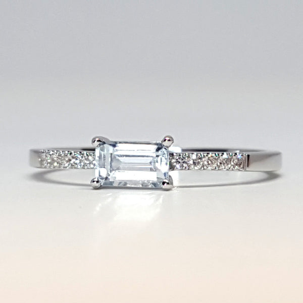 Emerald Cut Aquamarine Engagement Ring – Dainty East West Aquamarine Gold Ring - Genuine March Birthstone Ring – Aquamarine Promise Ring