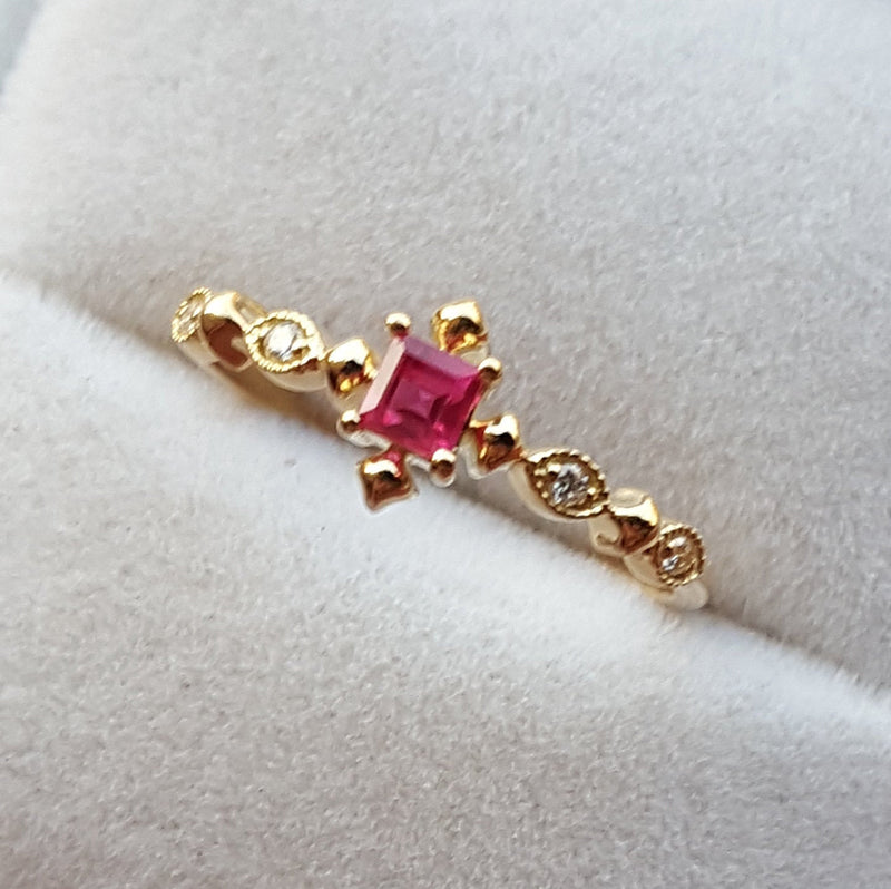 Princess Cut Ruby Nature inspired Engagement Ring – Dainty Vintage style Ruby & Diamond Ring – July Birthstone Victorian Jewelry