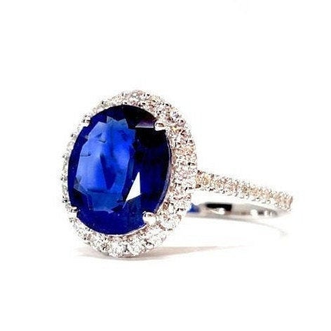 Large Genuine Oval Sapphire and Diamond Halo Engagement Ring