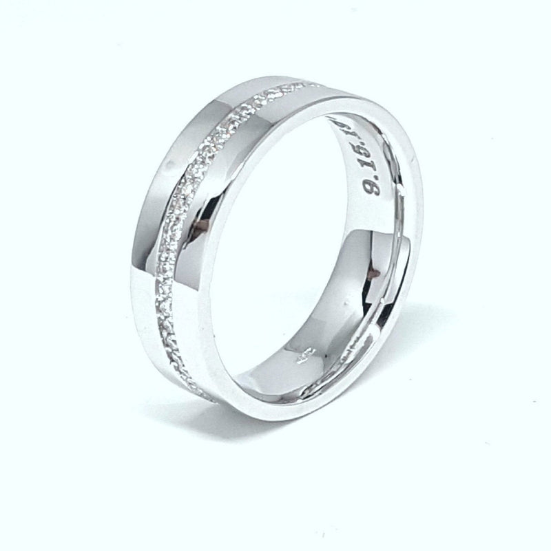 6 mm Flat wedding band made with 18k White gold and Natural Diamonds