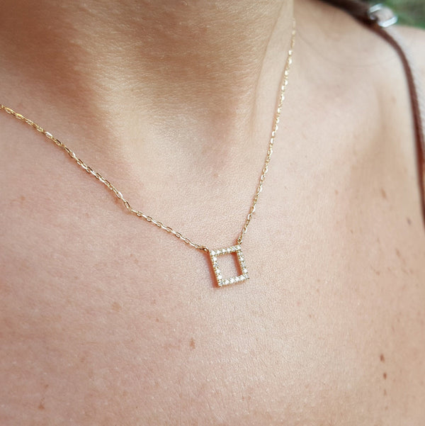 Dainty Diamond Square Necklace - Minimalist Diamond Necklace