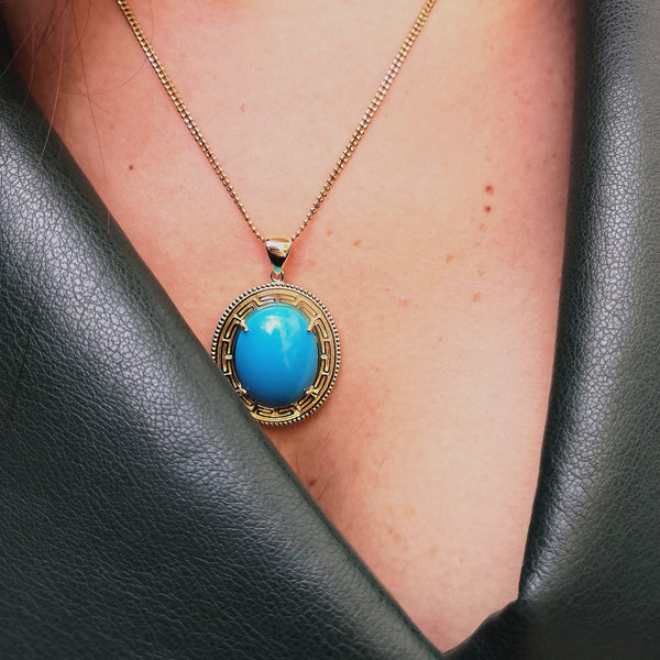 Vintage Oval Sleeping Beauty Turquoise necklace -Textured Solid 18k Gold Pendant