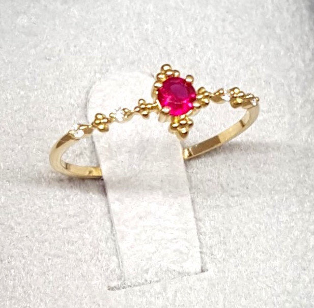 Vintage Style Dainty Ruby Engagement Ring – Small July & April Dual Birthstone Ring – Victorian Antique Style Gold Ruby Stacking Ring
