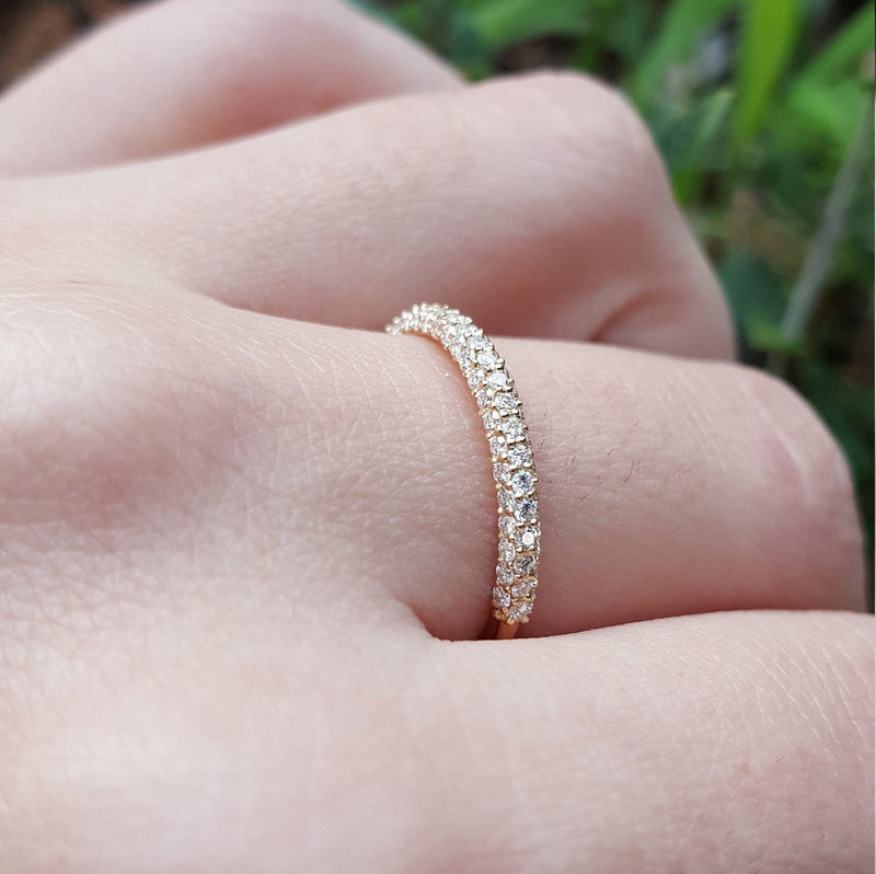 Three-Sided 2.5 mm Pave Diamond Dome Ring – Unique Natural Diamond Wedding Band – Dainty Vintage Half Eternity April Birthstone Ring