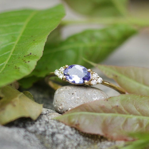 Oval Tanzanite Engagement Ring – Natural Tanzanite and Cluster of Diamond Ring – Solid Gold December and April Birthstone Ring