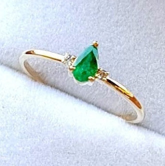 Small Pear Shaped Colombian Emerald Ring – Dainty Emerald and Diamond Engagement Ring – Vintage May Birthstone Ring