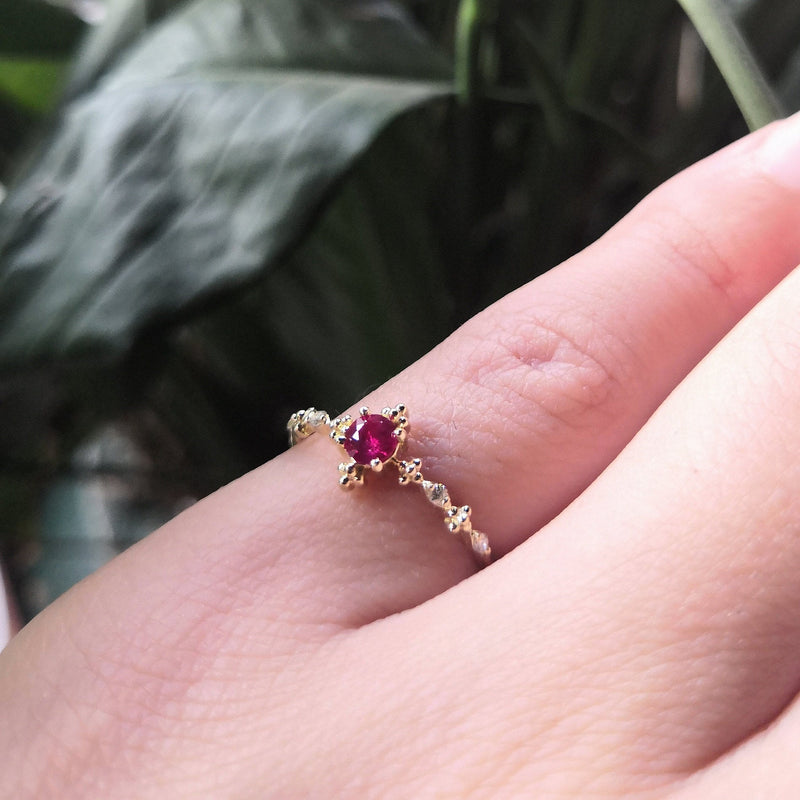 Vintage Style Dainty Ruby Engagement Ring – Small July & April Dual Birthstone Ring – Victorian Antique Style Gold Ruby Stacking Ring