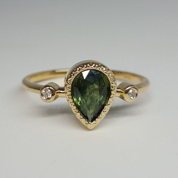 Vintage Textured Bezel Green Sapphire Engagement Ring
