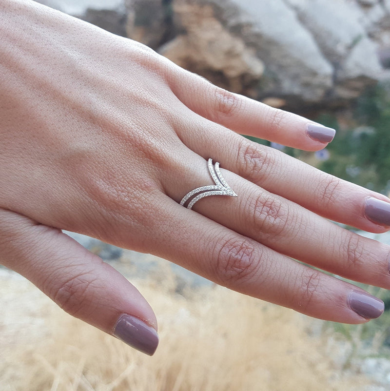 Double V Shaped Ring – Wishbone Diamond Wedding Band – Elongated Chevron Genuine Diamond Ring – Wave Curved Diamond Ring – Handmade Wedding Jewelry