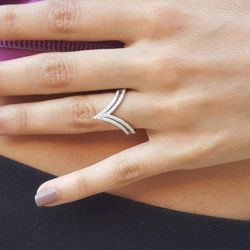 Double V Shaped Ring – Wishbone Diamond Wedding Band – Elongated Chevron Genuine Diamond Ring – Wave Curved Diamond Ring – Handmade Wedding Jewelry