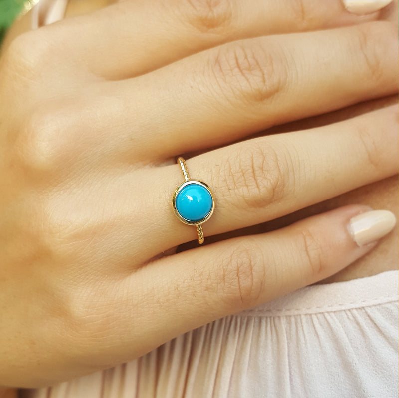 Round Sleeping Beauty Turquoise Ring – Vintage Turquoise Bezel Engagement Ring – Dainty Genuine December Birthstone Ring – Twisted Rope Ring