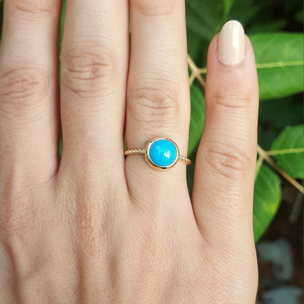 Round Sleeping Beauty Turquoise Ring – Vintage Turquoise Bezel Engagement Ring – Dainty Genuine December Birthstone Ring – Twisted Rope Ring