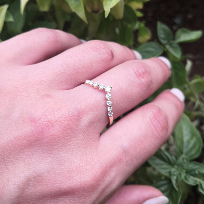 Floating Diamond V Wedding Band – Single Prong Chevron Genuine Diamond Ring – Wave Diamond Ring – Handmade Jewelry