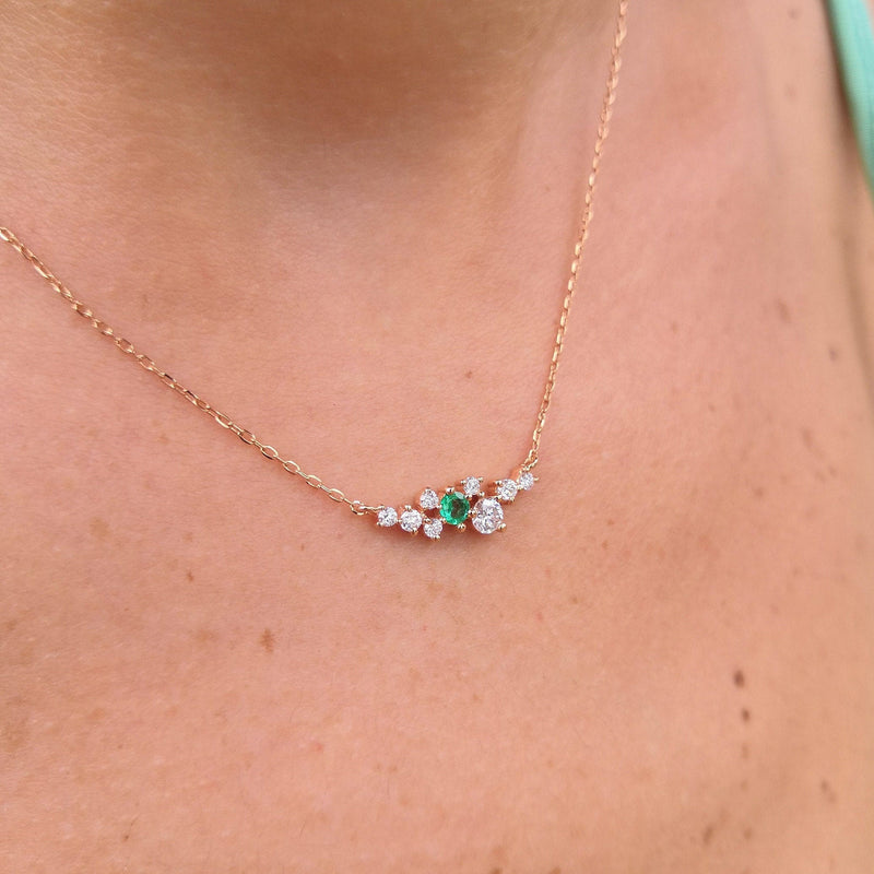 Genuine Emerald & Diamond Cluster Necklace – Floating Family birthstone Necklace –Diamond Statement Necklace – Nature Inspired Necklace