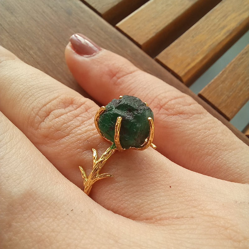 Rough Colombian Emerald Solitaire Engagement Ring - 5.04 Ct