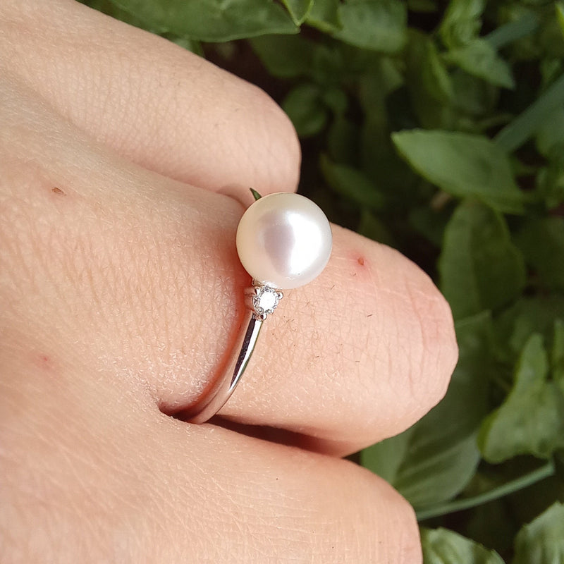Pearl and Diamond Engagement Ring - Simple Natural Freshwater Pearl Ring