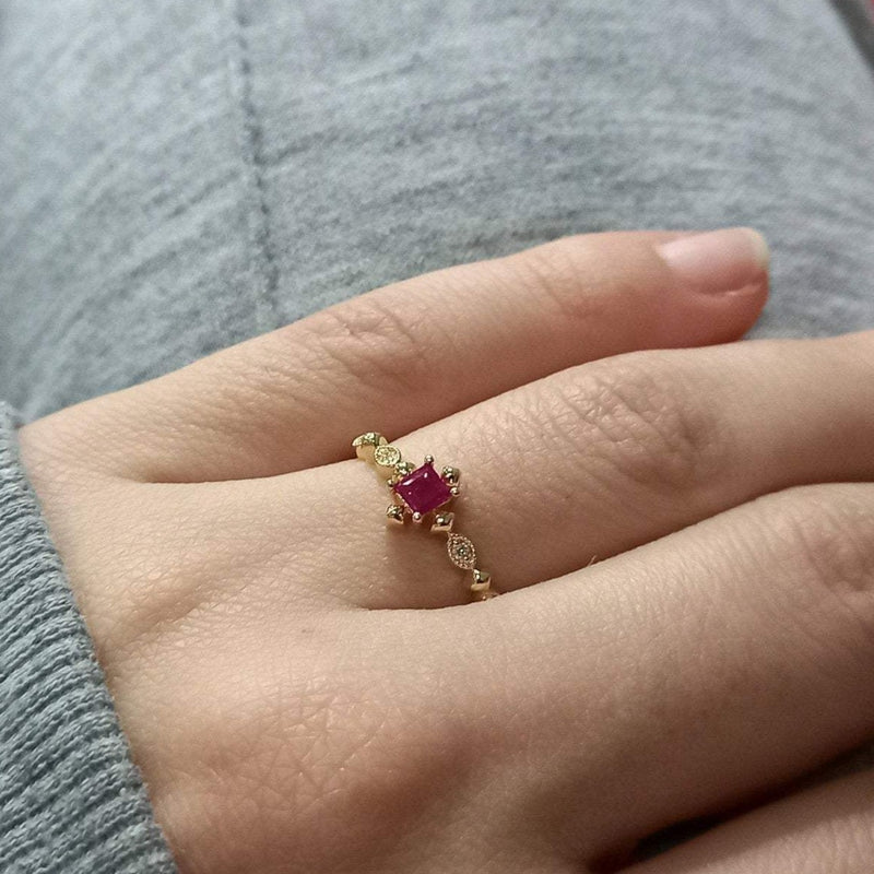 Princess Cut Ruby Nature inspired Engagement Ring – Dainty Vintage style Ruby & Diamond Ring – July Birthstone Victorian Jewelry