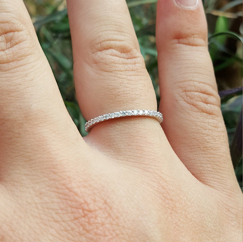 1.5 mm Shared Prong Full Eternity Ring – Simple Dainty Diamond Wedding Band – Thin Stacking Diamond Band – Real April Birthstone Ring