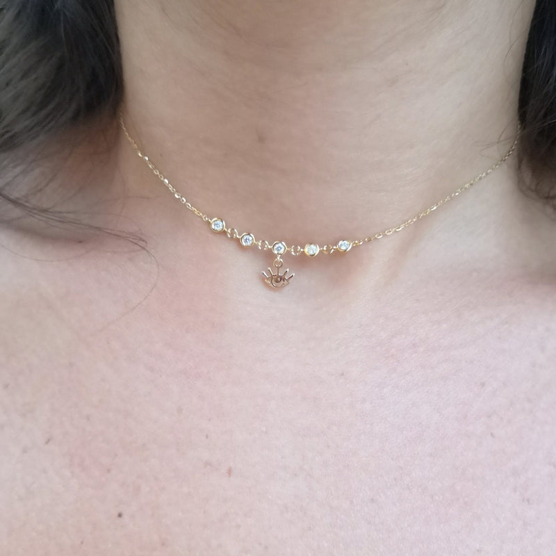 Diamond Necklace - 5 Diamonds Bezel Setting - 18K Gold Chocker